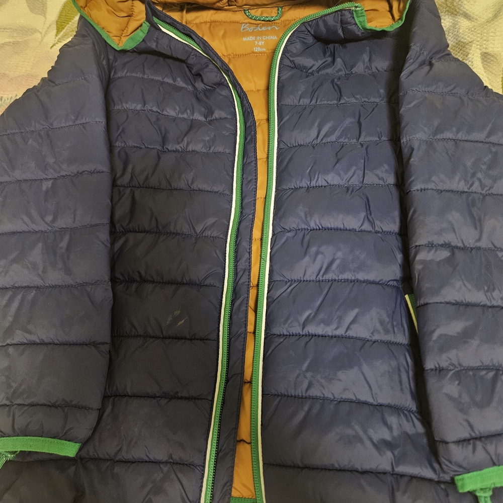 Mini Boden Blue Puffer Jacket with Green Accents